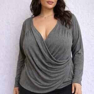 Cider Gray Draped Faux Wrap Top Ruched Long Sleeve Blouse Plus 2XL NWT